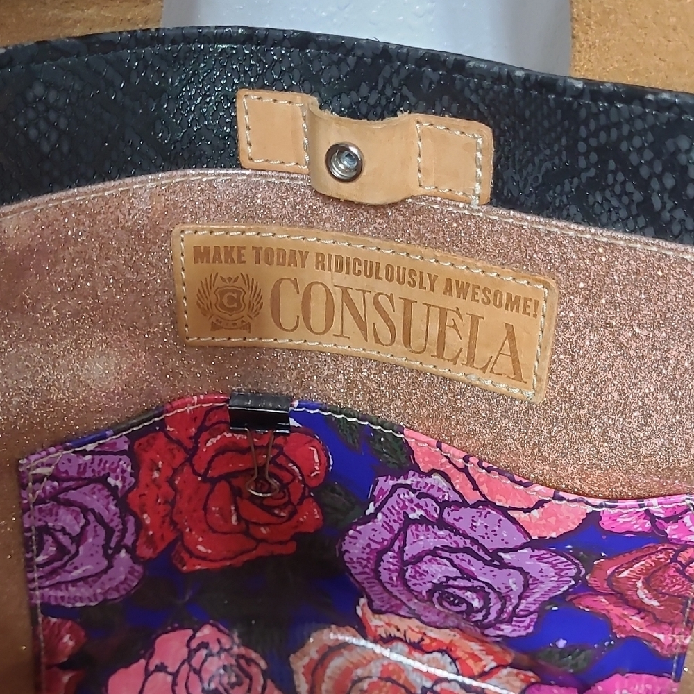 Consuela Black and Tan Crossbody Bag with Pink and Green Accents - Picture 2 of 8